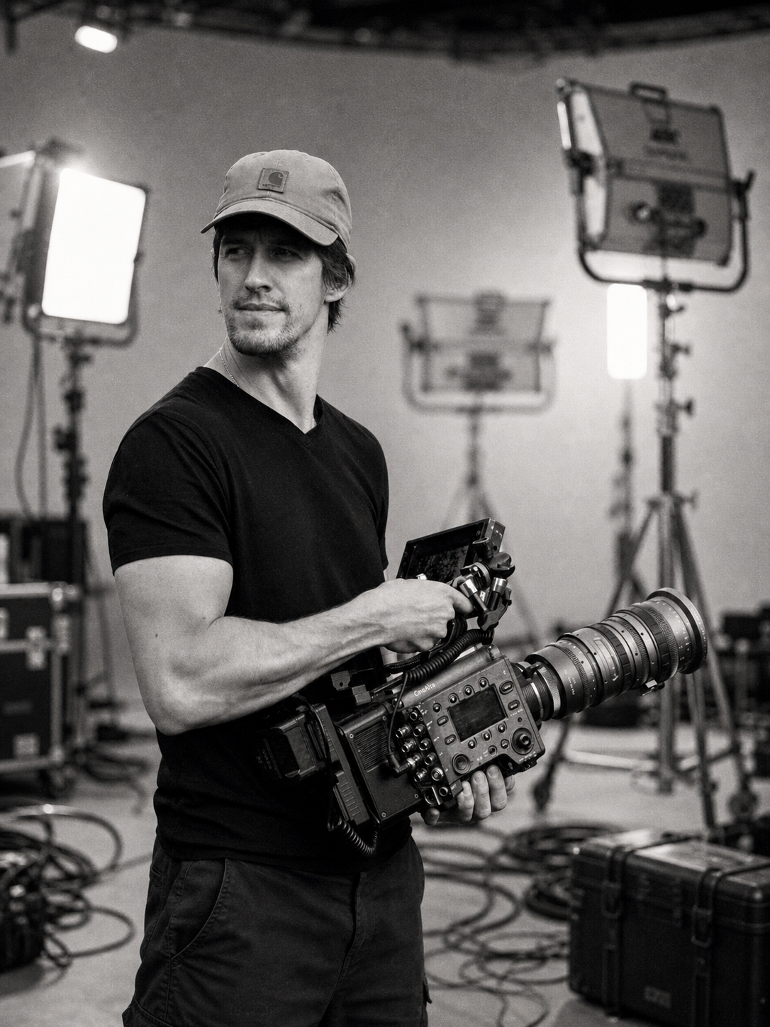 Etienne H. Baussan on set, holding a cinema camera.